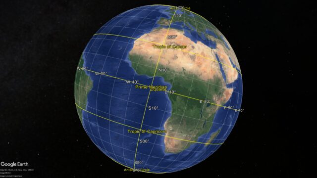 Google Earth Prime Meridian and Equator